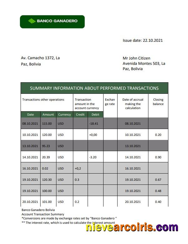 Bolivia Banco Ganadero bank statement, Word and PDF format
